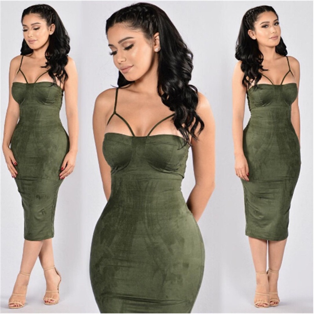 STRAPLESS dark green suede dress